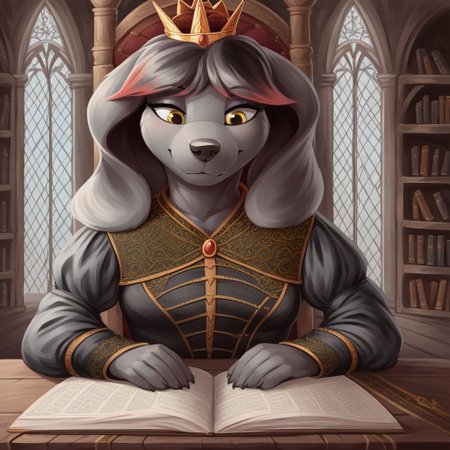 masterpiece, score_9_up, score_8_up, score_7_up, score_6_up, source_furry, (best quality:1.1), ultra-detailed, high resolution, 1dog girl, solo, Princess Molly, female, anthro, canine, slim body, (((beautiful detailed yellow eyes))), long eyelashes, black fur, short black hair, red hair tips, fluffy tail, big floppy dog ears, animal nose, small breast, royal clothes, crown, black indoors, medieval, home, wooden table, rich decor, sitting, leaning on table, bookshelf, throne, books, candle on table, inkwell, three quarter view, looking down, detailed facial features, expressiveh, highly visible, sharp focus, anatomically correct, detailed background