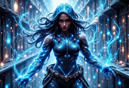mad-cbrbdy, Cinematic style, gorgeous Latina superhero, glowing blue eyes, long black hair with a stripe of cyan, matching cyan leather off-shoulder halter dress, transparent aquamarine flowing Holographic Cloth cape and hood, dark blue left gauntlet, technological right gauntlet, dark blue knee high boots, martial action pose, in the middle of a metropolis. , mythp0rt, Inkpunk Anime