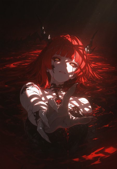 Smooth Quality, IllusP0s, masterpiece, best quality, very aesthetic, amazing quality, ((red ocean background,  chromatic aberration, raytracing, pale gradient eyes)), ((Chiaroscuro Lighting Style, dramatic lighting, drastic contrast)), massive red ocean, absurdres, Classical Chinese Brush and Ink, (1space dragon girl , elemental spirit girl, silver skin, cracked skin), glowing third eye, green third eye, ((hime cut, red hair, limited red palette)), black sclera, perfect eyes,  dynamic angles, ((staring at viewer, lots of black tears, sobbing)), claws reaching out of red ocean, drowning, in red ocean, upper body