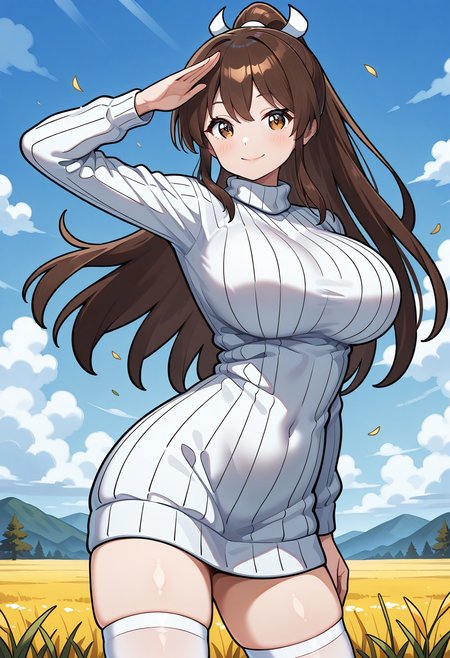 ranmaru, brown eyes, brown hair, long hair, ponytail, high ponytail, hair ribbon, sweater dress, ribbed sweater, white sweater, turtleneck, long sleeves, white thighhighs, zettai ryouiki, <lora:ranmaru_illustrious_ver1:0.8> 
smile,, 1girl, solo, (field:1.2), (blue sky:1.2), looking at viewer,, masterpiece, best quality, general,, (cowboy shot, dynamic pose:1.4),