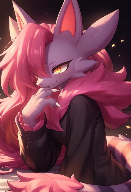 masterpiece, score_9, score_8_up, score_7_up, score_6_up, (by zinfyu), detailed, vibrant, soft lighting, magical realism, hyper-detailed, source_furry, nyafia_palworld, palworld, bang, anthro, furry, pink body, pink hair, fangs, black coat, tail, head shot,, anthro, calm and composed expression, soft glowing light, vibrant colors