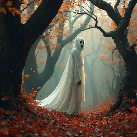 a photorealistic scene of a ghostly figure in an autumnal forest. The figure is draped in a flowing white robe, shrouding its body and face, with only hollow black eyes and a small, dark mouth visible, giving it a spectral yet serene appearance. The forest is populated with ancient, gnarled trees whose twisted branches reach toward the ghost, their bark rich with texture and detail, showing signs of age and decay. The forest floor and the ghost’s robe are scattered with red and orange leaves, their vibrant colors contrasting with the figure’s ethereal white. The background is a warm palette of deep reds, burnt oranges, and browns, evoking the essence of a mist-laden forest at dusk. Gentle shadows and soft ambient light filter through the trees, enhancing the ghost’s eerie glow and creating an atmospheric blend of tranquility and mystery. The scene captures a surreal beauty, where nature’s decay and the otherworldly presence of the ghost coexist in a hauntingly beautiful harmony.

With arms draped across the shoulders, creating a cloak-like effect.
