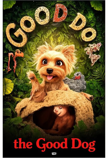 The image shows a vibrant, animated movie poster inspired by the whimsical style of a Pixar film, with a charming Yorkshire Terrier named Allab taking center stage. Allab, with her soft, golden fur and twinkling, expressive eyes, is depicted in a playful stance, ready to strike a pose. Instead of barking, she's wearing a mischievous grin, with her tiny, pink tongue peeking out. Behind her, a lush, verdant jungle unfurls, teeming with life - colorful birds, curious monkeys, and even a friendly, winking frog peeking from behind a giant leaf. The title, "The Good Dog," is written in bold, playful letters, reminiscent of Pixar's iconic typography, arching over Allab like a rainbow, with each letter subtly animated, as if wagging with life. Below, a warm, inviting glow emanates from a cozy, earthen burrow, hinting at the heartwarming adventures and lessons Allab, our unlikely hero, is about to embark on. aidmatextimprover