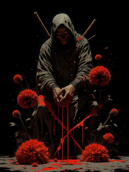 In a cinematic, low-key setting with a black background, an abstract Death Reaper stands amidst a scattering of dark, crimson flowers. The reaper's figure is rendered in bold, textured brushstrokes, as if scraped from a canvas with reckless abandon. The red blooms seem to writhe and twist around the reaper's legs like living darkness, their petals torn and tattered. The overall mood is one of foreboding and unease, the art's complexity and grunge texture evoking a sense of macabre beauty. mythp0rt, aidmaimageupgrader, aidmaMJ6.1m, detailmaximizer, ne0nfant4sy, drkfnts <lora:aidmaImageUpgrader-FLUX-V0.2:1.0> <lora:flux.1_lora_flyway_Epic-detail_v2:0.8> <lora:aidmaMJ6.1_aidmaMJ6.1-FLUX-v0.4:0.6> <lora:mythp0rt_FluxMythP0rtr4itStyle:0.7> <lora:ne0nfant4sy_NeonFantasyPrimeFLUX-000049:0.8> <lora:drkfnts style_sxz-Dark-Fantasy-v2-Flux:0.8> <lora:Luminous_Shadowscape-000016:0.6>