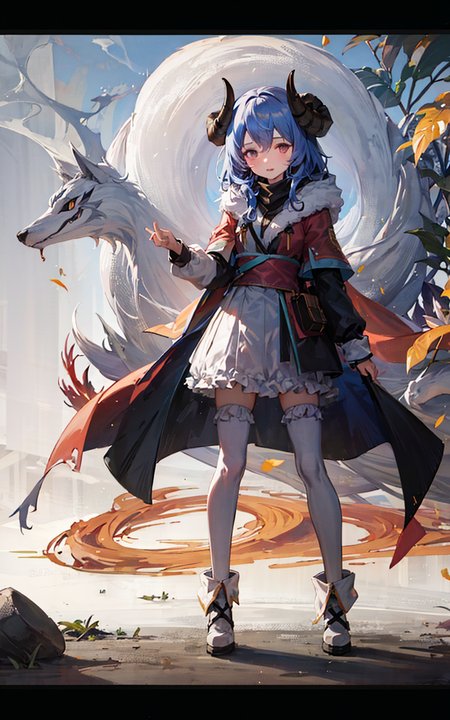masterpiece,1girl,solo, <lora:KindredSV1-000006:0.9>,blue hair, horns, (black cape_hood:1.3),standing,spirit blossom kindred,black_cloak, wolf