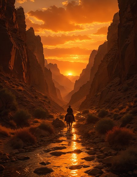 A breathtaking scene of a lone cowboy riding a horse through a narrow canyon at sunset, dramatic lighting, the sun sets behind distant mountains, casting a warm fiery glow across the sky and reflecting off the stream that flows through the canyon, The cowboy silhouetted against the vibrant orange and pink hues, The rugged landscape is dotted with sparse vegetation and rocky terrain, adventure and solitude, western scene, <lora:MJ52:0.5>, <lora:add-detail-xl:1>, <lora:zavy-cntrst-sdxl:0.7>, <lora:- SDXL - vanta-black_contrast_V3.0:0.7>