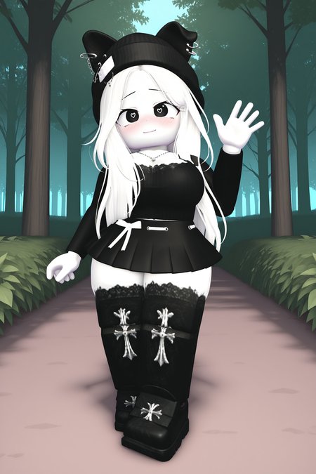 masterpiece,best quality,amazing quality, BREAK, TheBrayanVTOCILXL, white skin, colored skin, black eyes, heart-shaped pupils, white hair, long hair, parted bangs, black beanie, animal ears, black ears, ears through headwear, ear piercing, large breasts, necklace, black shirts, long sleeves, white ribbon, black skirt, black thighhighs, black shoes, solo, full body, standing, waving, seductive smile, looking at viewer, naughty face, nose blush, forest, tree  <lora:TheBrayanVTOCILXL:1>