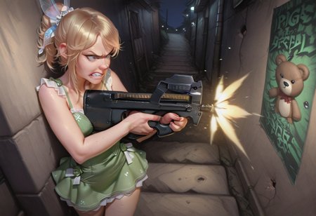 embedding:IllusP0s, artist:moriimee,  p90, submachine gun, bullpup, aiming submachine gun, Tinkerbell, Fairy, Blonde Hair, Mini dress green,outdoors, night, 1girl, solo, standing four steps away from wall, facing wall, looking at poster, clenched teeth, teddybear-poster at wall, tinkerbell firing at poster, poster has a lot of bullet holes, the wall has a lot of bullet holes, ,artist:moriimee<lora:MoriiMee_Gothic_Niji_Style_Illustrious_r1.safetensors:0.85:0.85> <lora:p90_ill.safetensors:1.0:1.0>