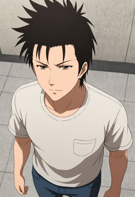 Highres, Masterpiece, High Quality, 4K, 8K, solo, 1Boy, Soujirou Agata, brown eyes, black hair, standing, straight facing upwards, casual, seen from above, arrogant face, dominant, intimidate, easynegative, detailed_eye_model