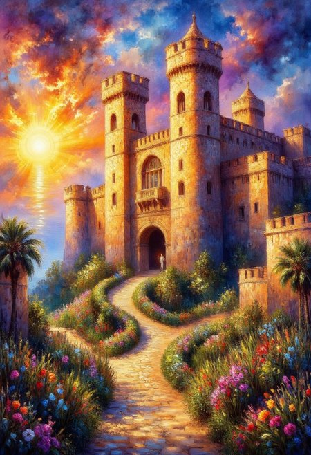 score_9, score_8_up, score_7_up, wide landscape view, fantastic HT scene, colossal medieval crusader castle. sand-colored stones with buttresses and battlements. evening fog. grass, trees, flowers, stones, sand. clouds. evening sun. sunset, (red, orange, purple sky), high contrast, stylized, clear, surreal, ultra quality, 8k, best quality, masterpiece, textural, artistic, vivid color, vivid background, fntsylghtshwCE_style, art style impressionist, painting