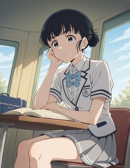 score_9, score_8_up, score_7_up, source_anime, <lora:tiara-basori-s1-ponyxl-lora-nochekaiser:1>, tiara basori, bangs, black hair, hair bun, black eyes, single hair bun,, skirt, shirt, bow, school uniform, white shirt, short sleeves, grey skirt, pleated skirt, bowtie, blue bowtie, blue bow, blazer,, airport, waiting area, suitcase, flight delayed, passengers, reading book, , , sitting, elbow rest, table,, solo,, cowboy shot, dutch angle