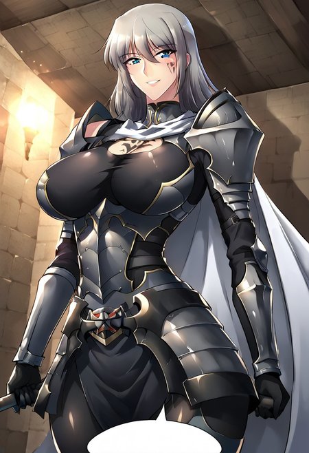 easynegative, FastNegativeV2, EasyNegativeV2, haganef, overfit style, large breasts, 1girl, solo, thicc big breasts,  sexy body , big butt, big breasts, shaggy big breasts, young, big chest, <PUT OVERFIT STYLE IN NEGATIVE PROMPT>, anime,  negative_hand, smile,
Teresa, blue eyes, long hair, battle uniform, Secondform, dark grey hair, black armor, black tattoo mark on face, 
Knight armor, skirt armor, shoulder armor, chest breasts armor, white cape, full armor, chest armor, body suit , black cape
 big breasts, shaggy big breasts, mature, young