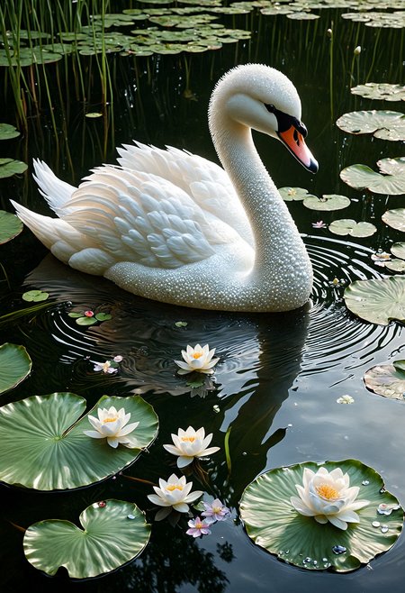 Capture a graceful Pearlum swan in a serene pond, (tranquil:1.2) lotus flowers, (floating:1.1) lily pads, (reflective:1.1) water surface, (serene:1.1) atmosphere, made out of Pearlum, <lora:Pearlum_World_Morph:1>, <lora:aidma-Image UpgraderXL-v0.1:1>, detailemaximizer, realistic,