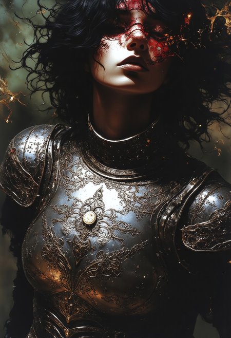 A surreal close-up of a female FredFraiStyle knight’s upper body, her intricate silver-plated armor dominating the frame with haunting elegance. The armor is adorned with delicate engravings of swirling patterns that shimmer faintly in hues of crimson and electric purple, as though alive with otherworldly energy. The centerpiece of her breastplate is a glowing sigil, pulsing softly like a heartbeat, radiating an aura of mystical power.
Her exposed neck and part of her face are bathed in ethereal light, the subtle shadows emphasizing her battle-worn features and the glint of determination in her partially visible eyes. Her flowing hair cascades over the shoulders of her armor, catching the eerie glow of the runes that seem to shift and ripple across the metal surface.
In the background, faint tendrils of glowing mist curl and drift, shifting between deep greens and purples, as tiny embers float like suspended fireflies. The blurred suggestion of mournful spirits lingers at the edges of the frame, their forms barely perceptible.
The close-up captures the tension between beauty and dread—the intricate craftsmanship of her armor juxtaposed against the surreal, menacing glow of her surroundings. The glowing sigil on her chestplate pulses as if alive, drawing the viewer's focus into a moment that feels both intimate and profoundly otherworldly. R3alisticF