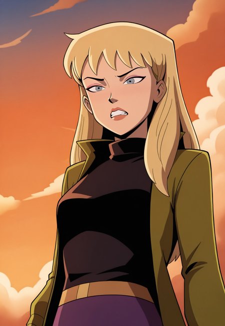 masterpiece, best quality, 32k, high resolution, absurdres,  gwen stacy, lips, makeup, upper body, cloud, pencil skirt, anime coloring, clenched teeth, evening, dusk