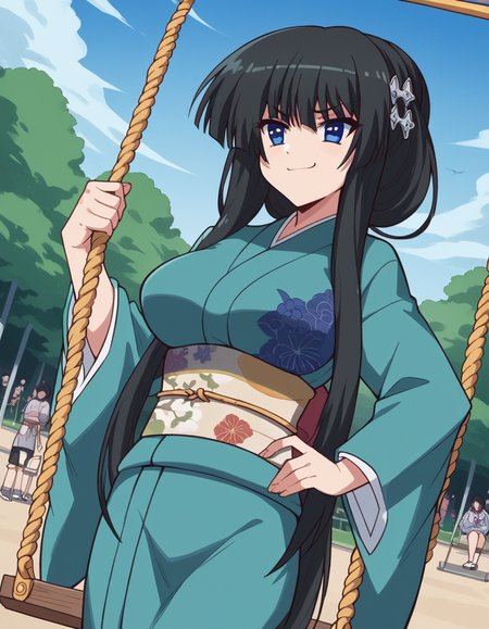 score_9, score_8_up, score_7_up, source_anime, <lora:senka-yorozu-s1-ponyxl-lora-nochekaiser:1>, senka yorozu, long hair, blue eyes, black hair, hair ornament, very long hair, large breasts,, long sleeves, japanese clothes, kimono, sash, obi, public park, playground, swing set, laughter, sunny day, , , smug, hand on hips,, solo,, cowboy shot, dutch angle,