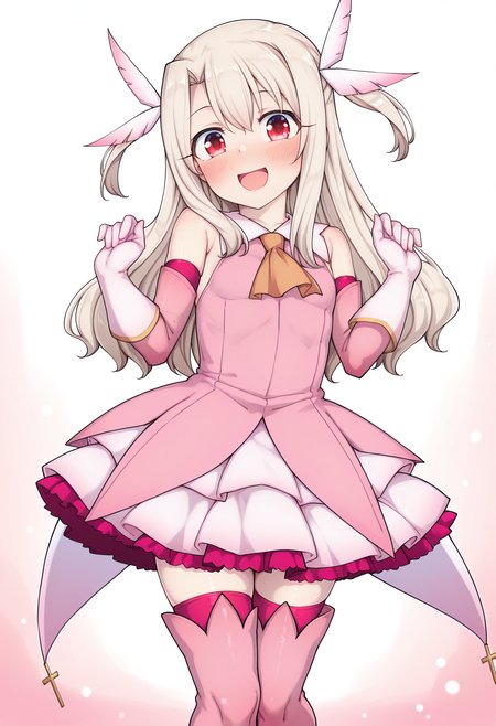 highres, best quality, masterpiece,
1girl, solo, illyasviel von einzbern, 
white hair, red eyes, long hair, two side up, feather hair ornament, pink dress, elbow gloves, magical girl, pink thigh boots,
looking at viewer, blush, smile, open mouth,
standing, hands up,
<lora:Illya_Illus_neclordx:0.2> 
<lora:_pechimaru-sty-elesico-ilxl-29:1.2>