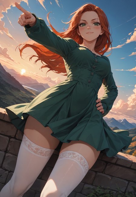 safe_pos, (score_9, score_8_up, score_7_up), zPDXL3, (drawn, wide hips:1.3),1girl, solo, medium breasts, redhead, 
green eyes, long hair, white thighhighs, green dress, from above, sunset, dynamic lighting, sundress, sleeves, blush, 
outdoors, mountains, river,  (face focus, close-up:1.2),
dutch angle, (from below:1.2), 
smug, confident, action pose, pointing at distance, knee up, ledge, hand on hips, (wind, windy skirt:1.2),