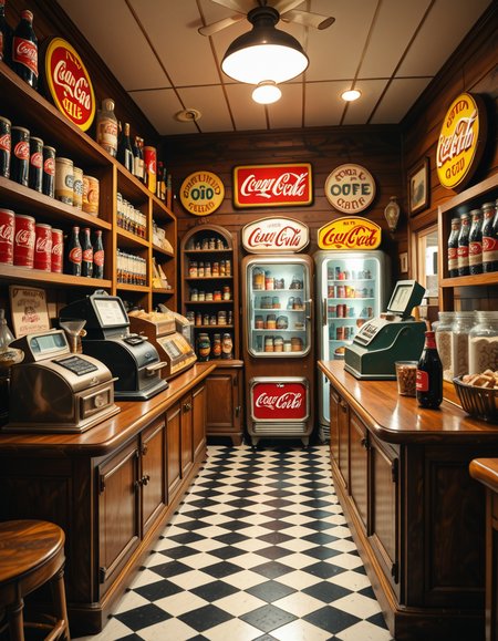 A vintage 1950s grocery store filled with nostalgic details. Wooden shelves neatly stocked with classic canned goods, glass soda bottles, and colorful retro packaging. An old-fashioned cash register sits on the wooden counter, next to a small scale for weighing produce. The checkered black-and-white tile floor adds to the mid-century charm, while hand-painted signs on the walls advertise milk, bread, and coffee in bold, retro fonts. A display of penny candy in glass jars sits near the entrance, and a vintage Coca-Cola refrigerator hums in the background. Soft, warm lighting casts a nostalgic glow over the scene, enhancing the rich textures of wood, glass, and metal, capturing the essence of a bygone era.
<lora:SDXLFaeTastic2400:0.4> <lora:extremely_detailed:0.4> extremely detailed
,1950s grocery st0r3, <lora:1950s_grocery_st0r3-i:1>, Masterpiece,best quality,hi res,8k,hi res,8k,award winning,(sharp focus, intricate, highly detailed),