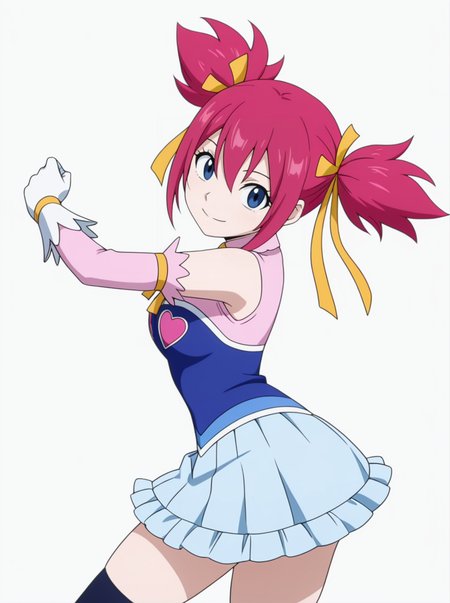 masterpiece, best quality, amazing quality, very aesthetic, absurdres, newest, anime screenshot,  anime screenshot,  <lora:SherriaBlendyIllust:1>sherriablendyillust, twintails, 1girl, ribbon, blue eyes, hair ribbon, pink hair, short twintails, skirt, thighhighs, yellow ribbon detached sleeves,  white gloves,  smile  simple background,  white background,  dancing  looking at viewer,