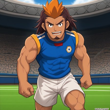 Score_9, cartoon source, toon source, high Quality,  wolfconf,  1boy, solo,  HIJIKATA RAIDEN, Brown hair, black eyes,  young, muscle body, two-tone hair, dark skin, soccer uniform (white shorts, blue sleeveless shirt), muscle arms, goatee, soccer camp,