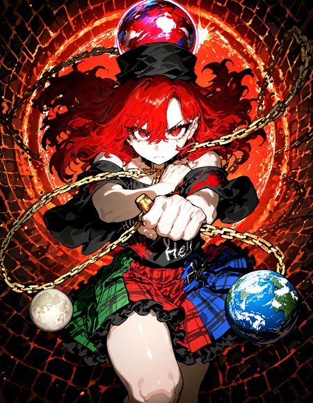 1girl, solo,  hecatia_lapislazuli , soft lighting, looking at viewer, pov,chain, choker,  earth_(ornament) , hair_between_eyes, hat, moon_(ornament) , underworld_(ornament) , v-shaped_eyebrows, incoming attack, dynamic pose,
, ssambatea, quasarcake, Fishine,optical illusion,ireading,
masterpiece, best quality, amazing quality, very aesthetic, absurdres,  newest, (volumetric lighting),
<lora:cfg_scale_boost:0.5>, <lora:ponyv5_noobE11_1_adamW:0.5>, <lora:illustrious_noobai_epsilon_pred_1_best_quality_v1:0.5> ,<lora:illustrious_noobai_epsilon_pred_1_masterpieces_v1:0.5> ,<lora:illustrious_noobai_epsilon_pred_11_very_aesthetic_v1:0.5>