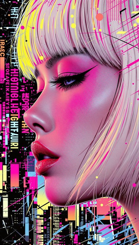 Rendered in bold, expressive pop-art style with abstract overlays and halftone texturing, this extreme close-up captures a young Japanese woman in profile—her face half-shadowed, bleach-blonde bob luminous under streaks of simulated chrome and fuchsia neon. Her averted gaze and seductive expression pulse with a sultry, melancholic charge, while her eyelids are heavy with matte obsidian eyeshadow. The background melts into a hyper-stylized cyberspace collage: digitized kanji, shattered LED screens, and amorphous bursts of fluorescent ink swirling through a void of black glass. Inspired by Roy Lichtenstein and modern glitch aesthetics, the composition plays with erotic abstraction—fluid lines, skin-toned gradients, and warped reflections intertwine in a fusion of sensuality and surrealism.