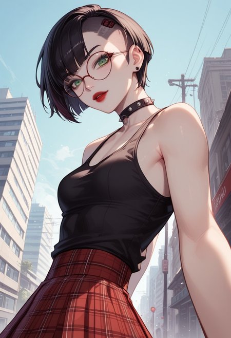 score_9, score_8_up, score_7_up, score_6_up, rating_questionable, s4sh, 1girl, Polly, PollyRH, short hair, bobcut, black hair, bangs, green eyes, small breasts, almost flat chest, slim, pale skin, big round eyeglasses, clear eyeglasses lenses, nice round ass, red lipgloss, HD32k, dynamic pose, aesthetic, perspective, solo, detailed eyes, sensual look, pinup pose, urban scenario, detailed background, black-red tint, sensual look,  goth attire, punk attire, black tank top, (red) tartan skirt, spiky armbands, chocker,