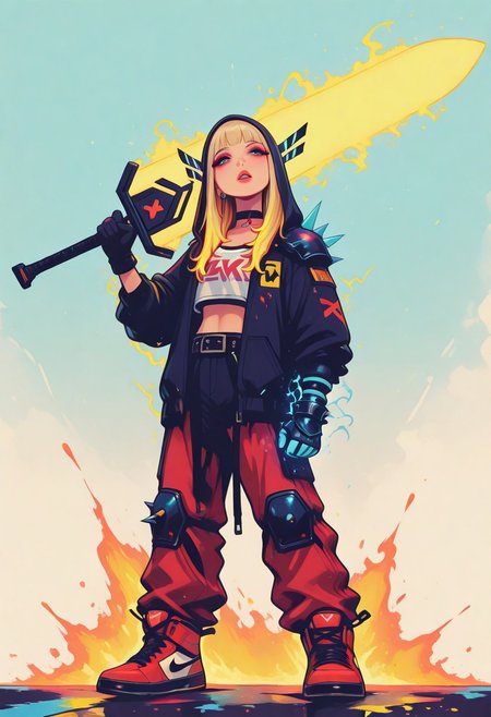 1girl,mgik\(marvel\), MagikMarvel, hijab, neon hair ornament, long hair, neon blonde hair,
,BREAK, single neon shoulder armor, 
single glove, single neon gauntlet,neon greaves, neon vambraces,oversized white top, belt,red cargo pants, choker, neon spikes, belt,unbuttoned red cyberpunk jacket , red footwear, air Jordan's , makeup, jewelry, rings,ring earing
,  BREAK,
 Battle ready pose,dynamic battle pose, battle-holding a large glowing sword,  Battle ready pose,summoning a glowing sword, huge weapon, holding sword, sword over shoulder, magic sword sparking with energy,  fire and electricity, 
, BREAK, , oversized hoodie , choker , colorful , vibrant , paint splatter , head tilt , cute , attractive ,
masterpiece, best quality ,amazing quality ,S4bit4mago_illu , xxx667_illu ,Protoneon ,in the style of Jeda,vibrant colors,