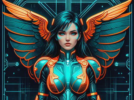 woman, wings, ornanments, teal coloring, grid, orange outlines  cyberpunk, 1980s, retro, scifi, mad-cyberspace <lora:Neon_Cyberpunk_Cyberspace_SDXL_v2:0.8>, (masterpiece:1.2), best quality