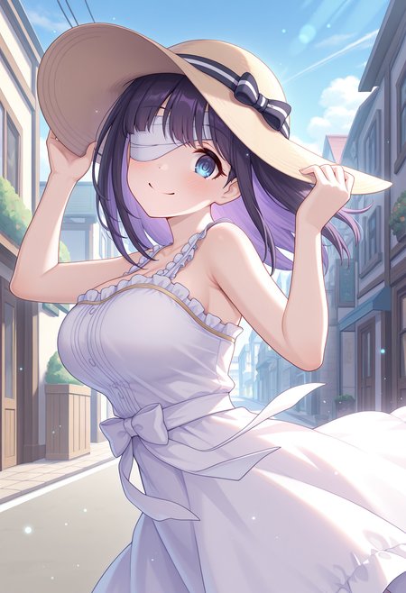 highres, best quality, masterpiece, neighborhood, outdoors, street, blue sky, light particles, sidelighting, 
1girl, solo, rlpmsra, medium hair, black hair, purple hair, bandage over one eye, blue eyes, large breasts, tareme,
sun hat, hat bow, white dress, sleeveless dress, sundress, frilled straps,
looking at viewer, blush, smile, head tilt,
hands on headwear, standing, from side, floating hair, dynamic pose,
princess connect!, official art,
<lora:_misora_pcr-elesico-ilxl:1>
