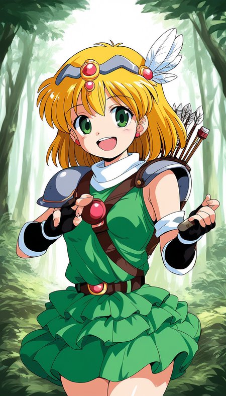score_9, score_8_up, score_7_up, source_anime, rating_explicit, BREAK  <lora:Fanna_XL:1> Fanna, blonde hair, green eyes, medium hair, feathers, hair ornament, small breasts,
gloves, weapon, open mouth, armor, brown hair, arrow (projectile), elbow gloves, smile, bow (weapon),   fingerless gloves, looking at viewer, belt, green dress,
forest,