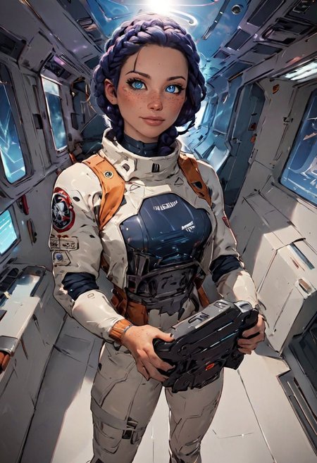 score_9,score_8_up,score_7_up,score_6_up, source_illustration, a cute thin girl with long blue braided hair, blue eyes, fair skin, freckles,wearing a (space suit:1.2), small breasts, tattoos; standing in the corridor of a spaceship, looking directly at the viewer, view from above; dimly lit, dark lighting, volumetric soft light, hazy, intricate details, rating_explicit, nostromostyleai, starship interior, space outside, grungy and worn-down spaceship corridors, no windows, nostromostyleai, m41apls, holding a pulserifle,