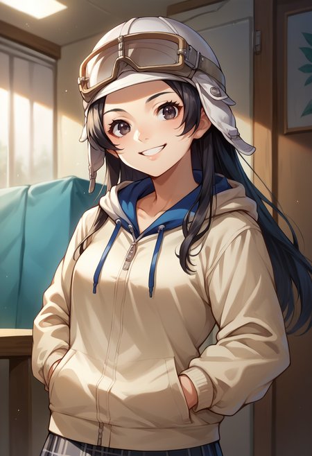 score_9, score_8_up, score_7_up, source_anime, 1girl, solo, asahismtiva, long hair, black hair, helmet, goggles on head, indoors, plaid skirt, hoodie, smile, hands in pockets, <lora:zs_AsahiXL:1>