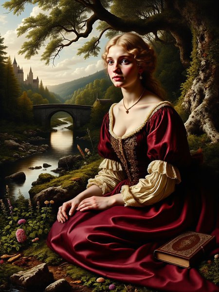 highly detailed, 17th century northern european setting, style of rembrandt-inspired painting, blending classic portraiture with a scenic landscape, soft chiaroscuro lighting, rich textures and shadows, the scene captures a peaceful riverside, with a lush, tranquil setting, a gentle river flowing through the landscape, surrounded by a mix of dense, green foliage and flowers, in the foreground, an elegant princess, kneeling beside a mossy, gnarled tree, her exquisite burgundy gown pooled around her, the ground around her covered in various patches of small wildflowers, in the background, rolling hills slope down toward the river, where delicate ripples reflect the surrounding landscape, a quaint medieval stone bridge is visible further down the river, and beyond that, a faint castle silhouette rises on the horizon, creating a sense of distance and nostalgia, the princess is the primary focus, embodying a serene, daydreaming expression as she gazes across the river in a quiet moment of reflection, her luxurious burgundy gown is richly embroidered with silver and gold, soft, intricate lace trims the neckline and sleeves, she wears delicate jewelry on her wrists and neck, and her light blonde hair is styled in an elegant braid, a small ornate book rests closed on her lap, she seems lost in thought, the image is a mid-range shot with a slightly low angle, capturing her form in full and placing the viewer at a respectful, admiring distance, the background unfolds in layers, blending seamlessly with her contemplative pose, soft, diffused light filters through the treeâs branches, casting dappled shadows on the scene, subtle highlights play across her gownâs fabric, adding depth and warmth, a gentle glow suffuses the river, reflecting the golden hour, traditional oil on canvas, using layered brushstrokes to enhance texture, and capturing the interplay of light and shadow in a masterful, painterly style, dappled lighting, very detailed background, masterful composition, perfect delicate hands, <lora:style-rembrandt-flux-by_tangbohu:0.8> <lora:style-classic_paint-flux-by_andreac75:0.48> <lora:image_enhancer-flux-by_dever:1.0>
