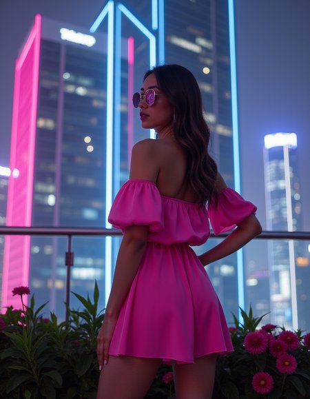 In a futuristic, neon-lit skyscraper, a woman wearing a pink short off-the-shoulder romper with ruffled sleeves stands at the edge of a rooftop garden, gazing out at the city skyline. The camera is positioned low to the ground, looking up at her from directly below, with the city lights reflected in her mirrored sunglasses. Ultra-sharp lines and details create a sense of depth and dimensionality.