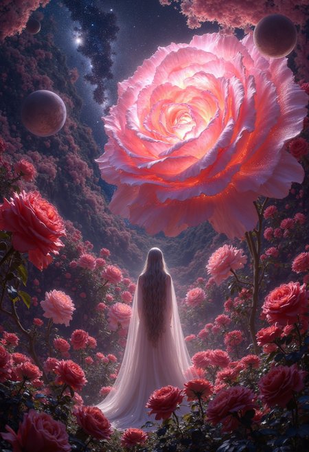 　 Deep within a swirling nebula, painted with hues of crimson and violet, a celestial garden blooms in silent majesty. Colossal roses, their petals woven from shimmering stardust and incandescent nebula gas, unfurl in a breathtaking display of cosmic beauty. Each rose, dwarfing even the largest planets, pulses with a soft, ethereal light, their petals swirling and shifting in a slow, graceful dance, like celestial ballerinas pirouetting across a cosmic stage. 

Delicate tendrils of stardust, laced with shimmering particles, reach out from the roses, intertwining and forming a luminous tapestry that stretches across the nebula, a celestial web woven from light and cosmic dust. The air hums with a soft, intoxicating fragrance, a symphony of cosmic scents that blend the sweet, intoxicating aroma of roses with the crisp, metallic tang of stardust, a unique perfume for the senses of the soul.

At the heart of this mesmerizing garden, bathed in the ethereal glow of the celestial roses, stands a woman with long, flowing silver hair that cascades down her back like a waterfall of moonlight. Her eyes, deep pools of liquid silver, gaze upwards, lost in the swirling nebula above, reflecting the cosmic dance of the celestial roses. Her presence, a fragile silhouette against the backdrop of cosmic grandeur, speaks of the enduring beauty and fragility of life in the face of the vastness of the universe, a silent serenade to the eternal dance of creation and destruction. 