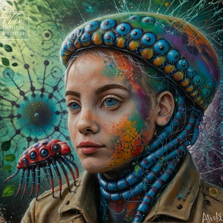 score_9,score_8_up,score_7_up,al_pt, acrylic paint (medium),surreal,colorful, wild, abstract,portrait, animal focus, no human,TheWeirdies,by Emmanuel de Critz and (Alfred Stevens:1.1) , painting, High exposure of a Aggressive muscular Palauan (baby Millipede:1.3) Jazz Musician, being looked at by a couple of Mystical animals, classicism, historical, detailed, narrative, it is wearing a Trench coat, The Grunge clothing is Dreamlike and has Circles adornments on it, Supernatural Chilean dark rainbow Scouter, at Golden hour, in focus, Lustful, Weirdcore, loop lighting