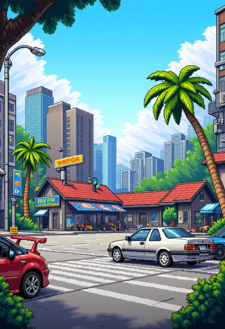 <lora:KFT_2d_Pixel_Style_FLUX-000017:1>
The image is a vibrant kftpxl pixel art illustration featuring    a car in a parkade