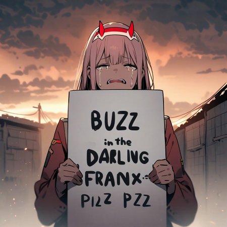 Poverty,crying,zero two,darling in the franxx,holding a sign that says "BUZZ PLZ",