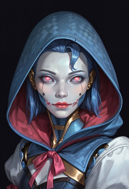 score_9,score_8_up,score_7_up,score_6_up,dark background,d0llf4ce,close-up,portrait,from side,looking at viewer,1girl,solo,robot,joints,hood,android,metal skin,mechanical legs,argyle pants,puffy sleeves,blue skin,grey skin,pink ribbon,blue sclera,medium breasts,pink eyes,humanoid robot,corset,blue hair,<lora:MyTrainings\Temp\Apex\Ash_Dollface_Pony_ARZUMATA.safetensors:0.6>
