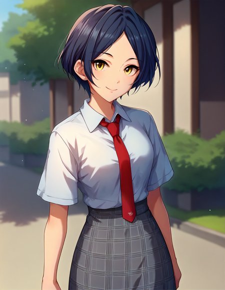 score_9,score_8_up,score_7_up,1girl,solo,cowboy shot,looking at viewer,smile,closed mouth,arms at sides,outdoors, 
<lora:hayamikanade_ponyXLV6:0.8>,cghkn,
blue hair,parted bangs,short hair,yellow eyes,
shirt,red necktie,gray plaid skirt