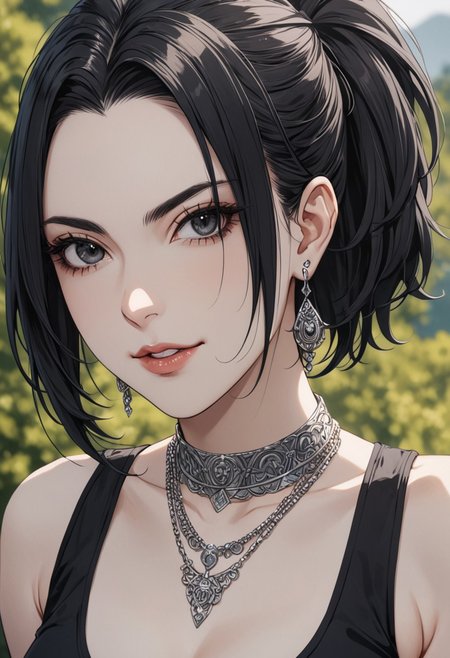 gorgeous lips, cinematic, (masterpiece), (best quality), (ultra-detailed), very aesthetic, perfect composition, intricate details, absurdres, detailed face, (anime, masterpiece, intricate:1.3), (best quality, hires textures, high detail:1.2), (4k),(incredibly detailed:1.4) 
 graceful face, slim, big breasts, constricted waist, nice body, lips, arrogant look, villain, 1woman, evilish smile, high pointed nose, (nostrils:1.3), neatly, 22-year-old woman, gray shirt soaked, pale skin, black eyes, bob hair, black hair, evil look,
fang, forelock, black tank top, cleavage, black pants, belt, belly, navel, facing viewer, upper body, outdoors , necklace, earrings, collar, werewolf,  ear fur