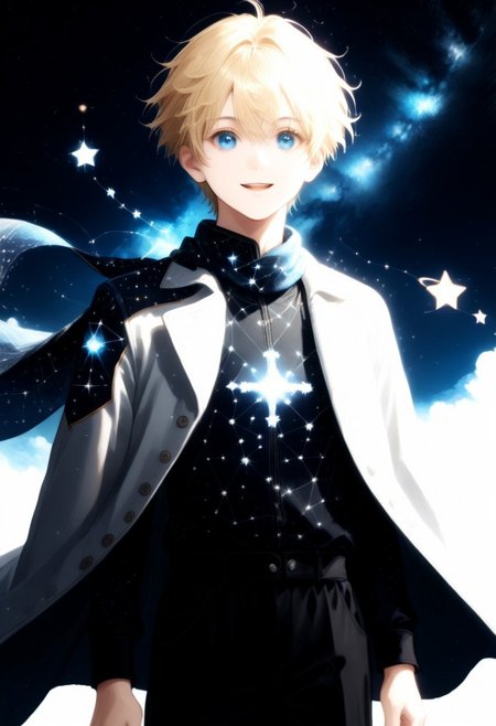 , score_9, score_8_up, score_7_up, 1boy, highly detailed, aesthetically stunning, anime-style, blonde-haired, blue-eyed, young man, short hair, bangs, smiling, open mouth, white coat, long sleeves, white baggy shorts, glowing scarf, floating, space setting, starry sky, star symbols, intricate, luminous, amazing aesthetic, intricate details