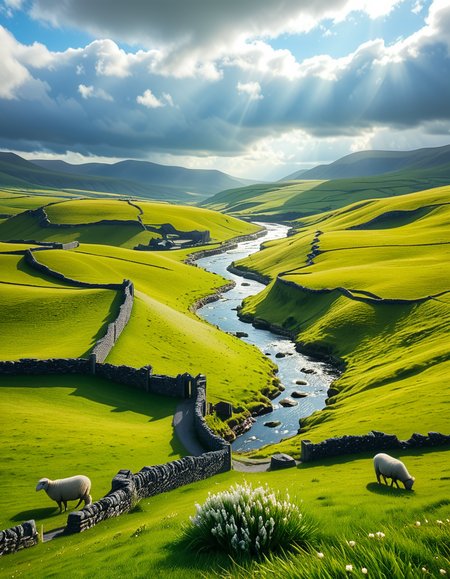 A breathtaking, high-resolution photograph of the rolling plains of Ireland, stretching endlessly under a vast, cloud-streaked sky. The landscape is a lush, vibrant green, with gentle hills covered in soft grass and dotted with scattered wildflowers. Ancient stone walls and winding dirt paths cut through the fields, marking old farmland boundaries. In the distance, a few solitary sheep graze peacefully, their white wool contrasting against the emerald grass. A small, clear river meanders through the valley, reflecting the soft light of the sky. The horizon is framed by low, misty mountains, adding depth and mystery to the scene. Above, the sky is a mix of bright blue and fluffy white clouds, casting dynamic shadows across the landscape as beams of sunlight break through. The atmosphere is serene, timeless, and rich with the natural beauty of the Irish countryside.
<lora:SDXLFaeTastic2400:0.4> <lora:extremely_detailed:0.4> extremely detailed, <lora:rolling_plains_of_1r3l4nd:1>,rolling plains of 1r3l4nd, Masterpiece,best quality,hi res,8k,hi res,8k,award winning,(sharp focus, intricate, highly detailed),