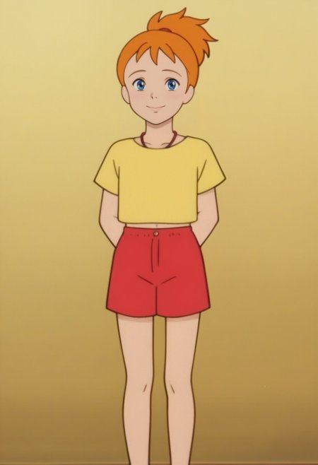 source_anime,anime screencap, anime coloring,intricate details,rating_safe, masterpiece, best quality,
(best quality, absurd res, ultra detailed),,(4 finger:0.5),1girl, ((solo)), good eyes,perfect eyes,,detailed eyes, zPDXLxxx , zPDXL3,detailed, detailed face
BREAK
solo,simple background,standing, front view, hands behind back, smile, 
Nanami, orange hair, ponytail, blue eyes, yellow shirt, short sleeves, red shorts, necklace,midriff,
, <lora:add-detail-xl:2>  <lora:Nanami_Simpson:0.8>