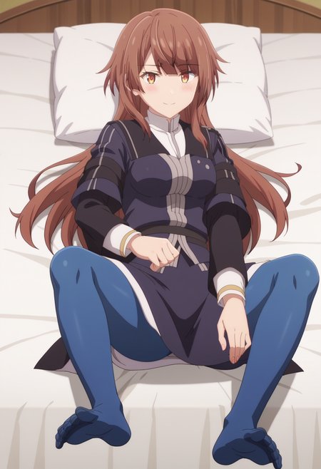 score_9, score_8_up, score_7_up, source_anime,
BREAK
1girl, solo, anime screencap, anime coloring, 
<lora:shiMisfitEmiliaV1:1>, shiemilialudo, long hair, brown hair, 
black uniform dress, long sleeves, capelet, white skirt, side slit, long skirt, blue pantyhose, 
looking at viewer, smile, blush,  
indoors, bed, 
spread legs, feet, soles, lying, on back,