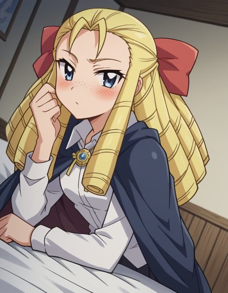 score_9, score_8_up, score_7_up, source_anime,
montmorencymargaritalaferedemontmorency, <lora:montmorency-margarita-la-fere-de-montmorency-s3-ponyxl-lora-nochekaiser_r2:1>,
montmorency margarita la fere de montmorency, long hair, blonde hair, bow, hair bow, drill hair, forehead, freckles, hair pulled back, ringlets,
skirt, thighhighs, long sleeves, collared shirt, white shirt, black skirt, cape,
indoors, bed, bed room, on side, blush, drunk,
looking at viewer, cowboy shot, solo, dutch angle