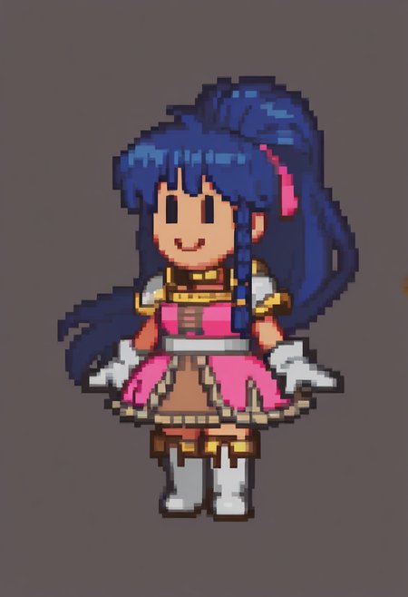masterpiece, best quality, 1girl, smile, <lora:PM64-Sprites-illus_Fp:1> pixel art, full body, chibi, solid oval eyes, simple background, <lora:TanaFE-illu:0.95> defTana, blue hair, long hair, high ponytail, hair ribbon, twin braids, blue eyes, neck ring, pink dress, chest strap, white belt, short dress, pauldrons, white gloves, brown skirt, frilled skirt, thigh boots