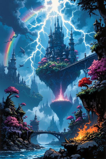 The Storm Gardens of the Sky Archipelago, where islands of earth and lightning float in a perpetual tempest. Each island hosts a different type of magical weather - eternal rain, frozen lightning, rainbow storms, or thunder crystals that grow like plants. Bridges of pure electricity connect the major islands, their intensity shifting with the strength of the surrounding storms. Flying whales with storm clouds for fins navigate between the islands, their songs creating new weather patterns. The sky is a canvas of impossible colors as different storm types collide and merge, creating spectacular light shows and weather phenomena never seen in the mortal realm.  Fantastic lighting. Detailed shadows.intricate details, vivid colors, hyper-detailed, ultra-sharp<lora:Ev_Ganin:0.4><lora:Vintage comic book:0.4><lora:RetroAnimeFluxV1:0.15><lora:Greg_Capullo_style:0.4><lora:jeanClaude_Mzires_Style_FLUX-000001:0.4><lora:Flux_Ink_Anime:0.4>